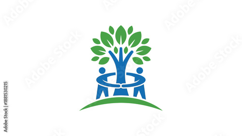 Tree of Life Community Illustration – People Holding Hands Under Green Tree Symbolizing Unity Growth and Nature Vector Logo Art