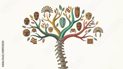 Human Evolution Tree of Life Illustration – Colorful Phylogenetic Tree with Cultural Symbols Skulls and Artifacts Vector Art