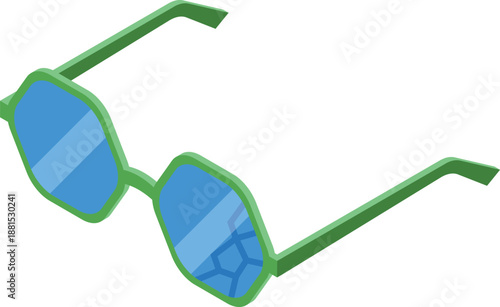 Broken sunglasses with green frame and blue lenses representing vision impairment or accident
