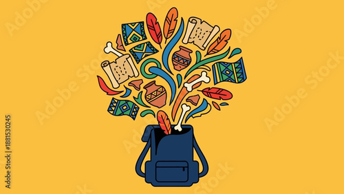 Adventure Backpack Overflowing with Books Artifacts and Travel Souvenirs – Cultural Exploration Illustration Vector Art