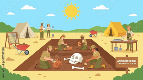 Archaeological Dig Site Illustration – Team of Excavators Uncovering Dinosaur Skull and Bones in Sunny Desert Camp Vector Art
