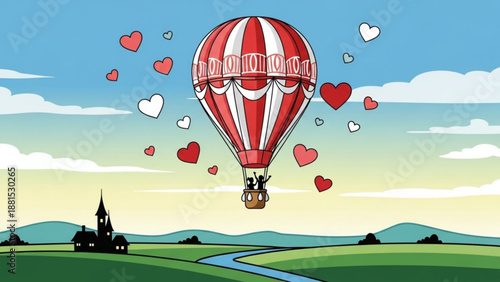 Red and white striped hot air balloon with couple floating over green landscape with hearts romantic travel concept