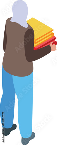Rear view of a muslim woman holding a stack of colorful folded blankets or clothes, symbolizing laundry, household chores, or textile industry work