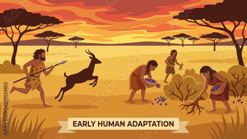 Early Human Adaptation Illustration – Prehistoric Hunter Gathering in Savannah at Sunset with Spear and Foraging Vector Art