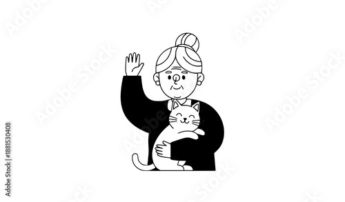 Cheerful Grandmother with Cat Waving Hand Flat Cartoon Vector on White Background
