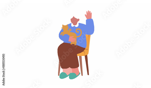 Flat Cartoon Elderly Woman Holding Cat and Waving Isolated Vector Illustration