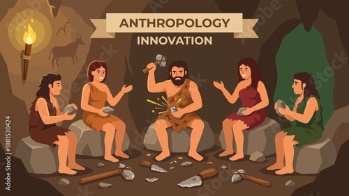 Prehistoric Anthropology Innovation Illustration – Ancient Humans Discussing and Crafting Tools Around Campfire in Cave Vector Art