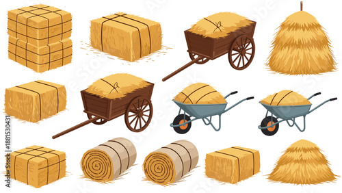 Collection of agricultural hay elements including rectangular bales, round rolls, wooden carts, and pitchforks on a white background.