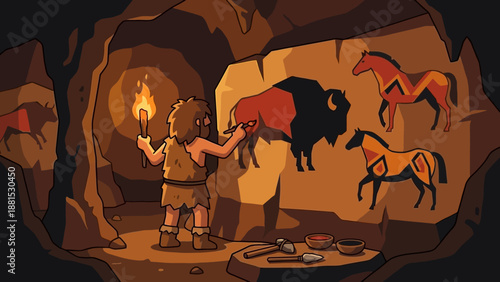 Prehistoric Child Painting Cave Art – Young Caveman Drawing Horses and Bison with Torchlight Vector Illustration