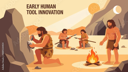 Early Human Tool Innovation Illustration – Prehistoric Cavemen Crafting Stone Tools Around Campfire Vector Art
