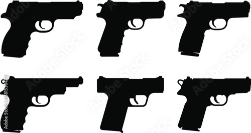 Silhouette handgun collection, black vector, pistol shapes, firearm profiles, isolated icon, weapon design, tactical, gun model, side view