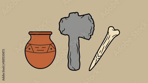 Ancient Artifacts Illustration Set – Pottery Tool and Bone Fossil Icons Vector Art for Archaeology Anthropology