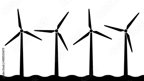 Wind Turbine Silhouette Set – Renewable Energy Windmills Over Ocean Waves Vector Illustration