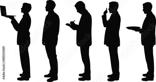 Silhouette, people, professions, laptop, clipboard, tray, gesture, standing, pose, teamwork, occupation, service, business, writing, thinking, hospitality, black, vector, career, icons