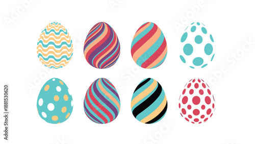 Collection of eight colorful Easter eggs decorated with various vibrant patterns like waves, stripes, and polka dots.