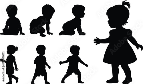Set of black silhouettes of toddlers and babies in various stages of development, including sitting, crawling, walking, and standing figures.