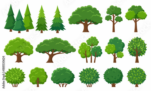 Cartoon Tree Variety Set – Pine Fir Oak Bushy and Round Green Trees Vector Illustration Collection