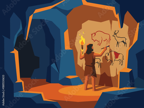 Prehistoric Cave Painting Scene – Ancient Humans Drawing on Cave Walls with Torchlight Vector Illustration
