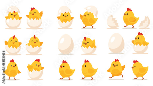 Adorable collection of cartoon yellow chicks in various poses including hatching from eggs, walking, and playing.