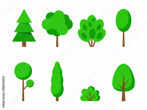 Colorful Cartoon Tree Collection – Pine Oak Bushy and Round Trees Vector Illustration Set