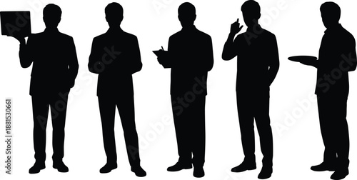 Silhouette, people, professions, standing, poses, laptop, clipboard, tray, gesture, teamwork, occupation, business, service, thinking, writing, serving, diversity, career, black, vector