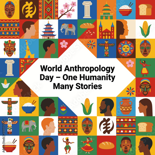 World Anthropology Day Illustration – One Humanity Many Stories Cultural Diversity Mosaic