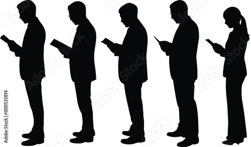Business, people, silhouettes, standing, in, line, using, smartphones, and, tablets, digital, communication, technology, modern, lifestyle, corporate, concept, isolated, white, background
