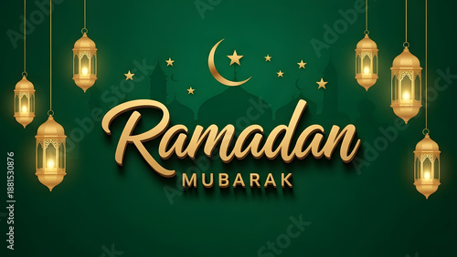 Ramadan Mubarak Greeting with Golden Lanterns and Crescent Moon on Green Background