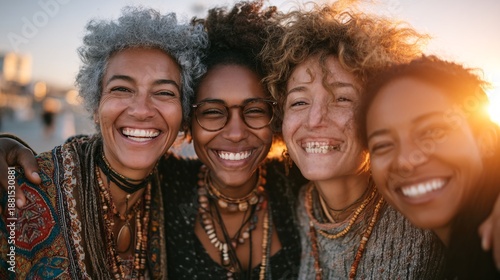 Joyful Group of Diverse Women Smiling Together at Sunset