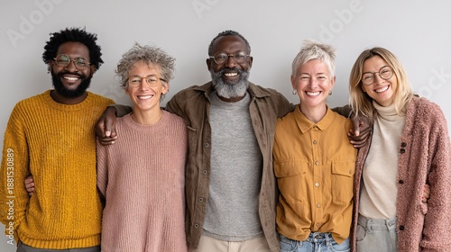 Diverse group of smiling friends standing together in casual attire