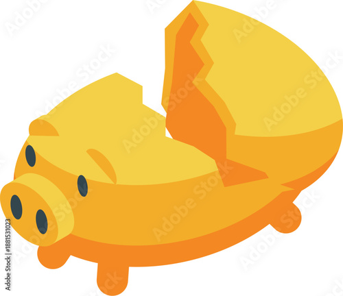 Yellow piggy bank breaking, symbolizing financial crisis, bankruptcy, and economic instability