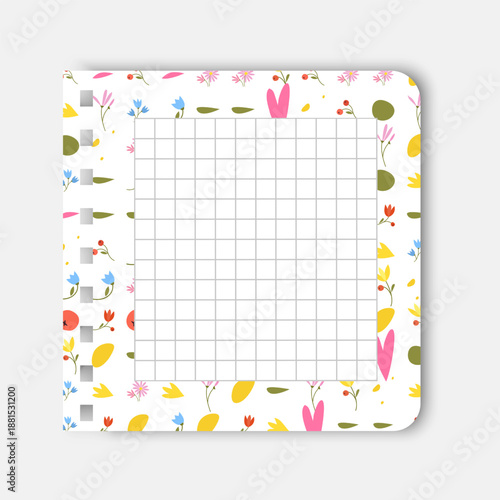 Torn lined notebook paper page with a vibrant spring floral border. The piece of Paper Creative stationery template for to-do lists, notes, spring greetings, and seasonal planners