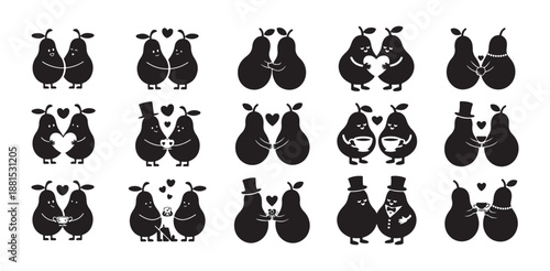 Set of lovely pear couples in various poses and with different items for valentines day