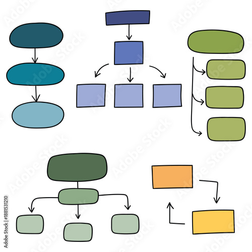 Hand-drawn cartoon set of colored hierarchies on a white background.
