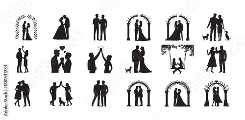 Set of lovely couple silhouettes in various romantic poses and wedding day scenarios