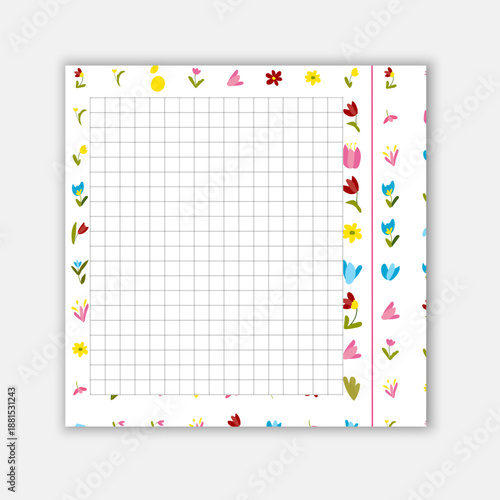 Torn lined notebook paper page with a vibrant spring floral border. The piece of Paper Creative stationery template for to-do lists, notes, spring greetings, and seasonal planners