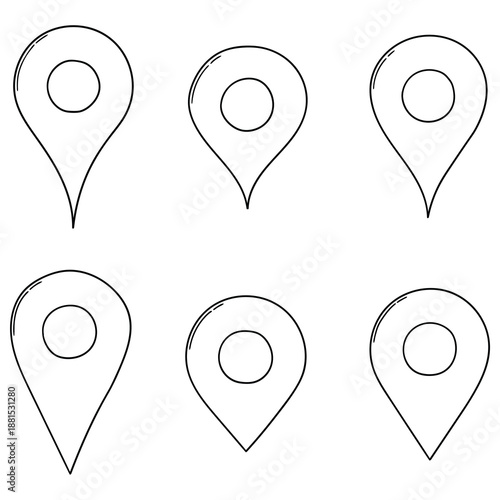Hand-drawn doodle set of map pin icons on a white background.