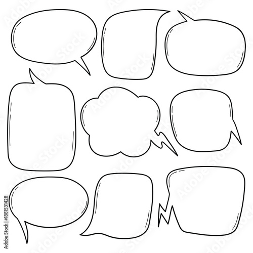 Hand-drawn doodle set of empty speech bubbles on a white background.