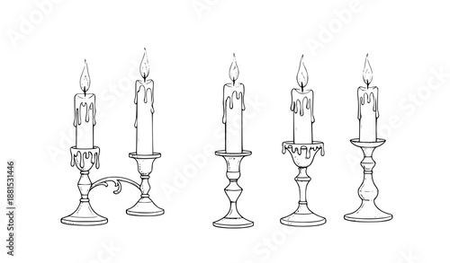 Retro Hand Drawn Candle Set with Burning Flames Vector Illustration