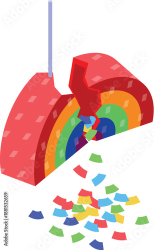 Rainbow pinata breaking open and releasing colorful confetti, symbolizing festive celebration and joy