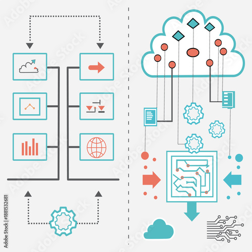 AI Workflow Automation and Cloud Data Processing.  Streamlining operations with AI and robotics. Efficiency in sales, workflow, finances, marketing, and customer service Vector Illustration.