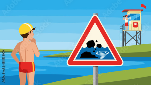 A boy in a swimsuit examines a warning sign near a lake depicting a rocky bottom and a whirlpool. A water safety poster: Don't dive in unfamiliar waters!