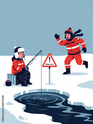 Ice safety poster. A boy fishes despite a "thin ice" warning sign. A lifeguard in an orange suit runs toward him to prevent danger.