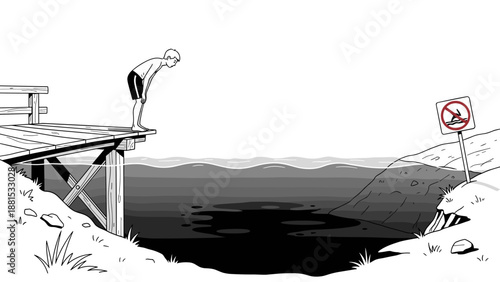 A poster about water safety. A boy looks into the water from a dock where a "No Diving" sign hangs.