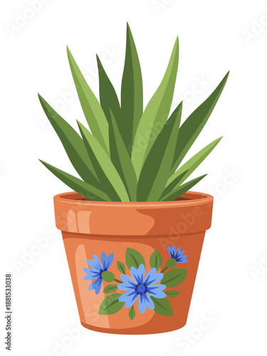 A painted terracotta pot with a plant on a transparent background.