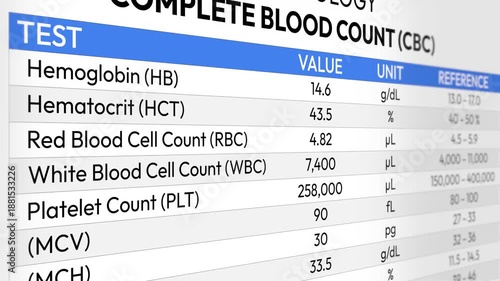 CBC Test Report, Complete Blood Count, Medical Science, Hemoglobin Levels, White Cell Count, Platelet Evaluation and Health Screening. Random CBC Test Report Video Animation