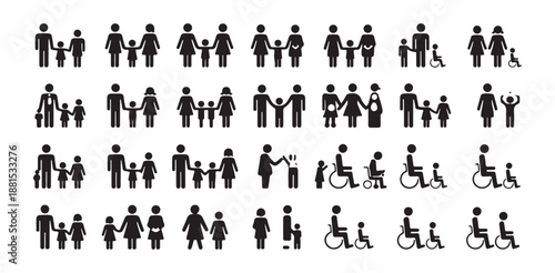 Family diversity icons with various parents and children including people with disabilities set