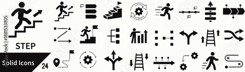 Step by step process solid icons for business training
