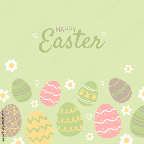 Happy Easter greeting card with colorful eggs and flowers. Vector illustration 