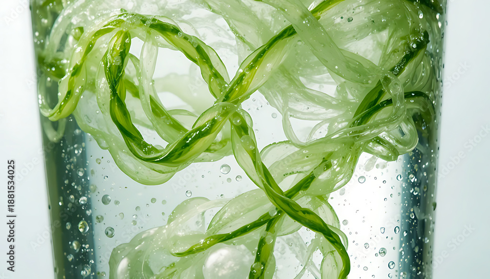 Obraz premium Hydration: Cucumber Ribbons. Thin translucent cucumber curled in clear water with bubbles.